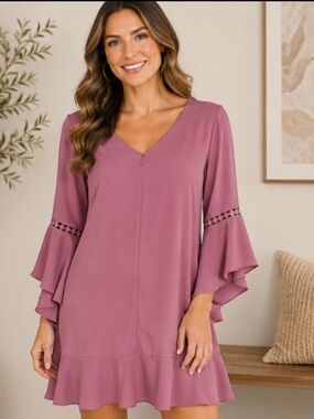 White House Black Market Mauve Pink Ruffle Sleeve Shift Dress | Elegant Bell Sle